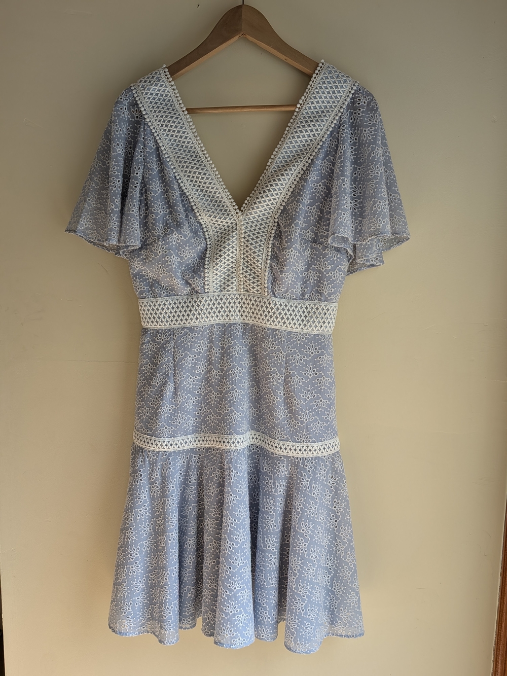 Gianni Bini Powder Blue Eyelet Midi Dress with White Crochet Trim